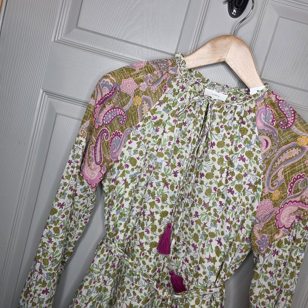 A Loves A Boho Floral Paisley Midi Dress Tassel Tie Long Sleeve Sz S Cottagecore - Picture 2 of 8